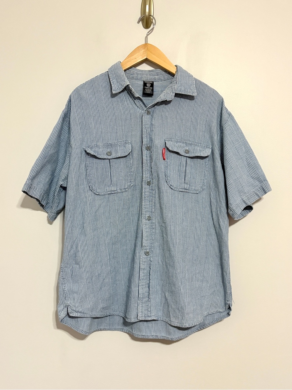 Vintage Warner Bros. Studio Store Blue Striped Short-Sleeve Button-Up Shirt
